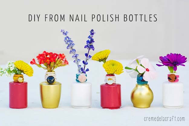 DIY Crafts Using Nail Polish - DIY: Flower Bud Vases from Nail Polish Bottles - Fun, Cool, Easy and Cheap Craft Ideas for Girls, Teens, Tweens and Adults | Wire Flowers, Glue Gun Craft Projects and Jewelry Made From nailpolish - Water Marble Tutorials and How To With Step by Step Instructions 