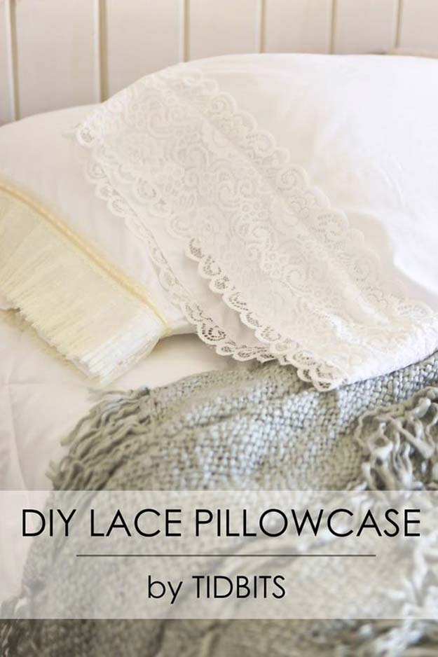 Cool DIY Ideas for Your Bed - DIY Lace Pillowcase - Fun Bedding, Pillows, Blankets, Home Decor and Crafts to Make Your Bedroom Awesome - Easy Step by Step Tutorials for Making A T-Shirt Pillow, Knit Throws, Fuzzy and Furry Warm Blankets and Handmade DYI Bedding, Sheets, Bedskirts and Shams 