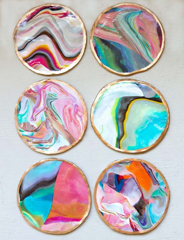 DIY Crafts Using Nail Polish - DIY Marbled Coasters - Fun, Cool, Easy and Cheap Craft Ideas for Girls, Teens, Tweens and Adults | Wire Flowers, Glue Gun Craft Projects and Jewelry Made From nailpolish - Water Marble Tutorials and How To With Step by Step Instructions 
