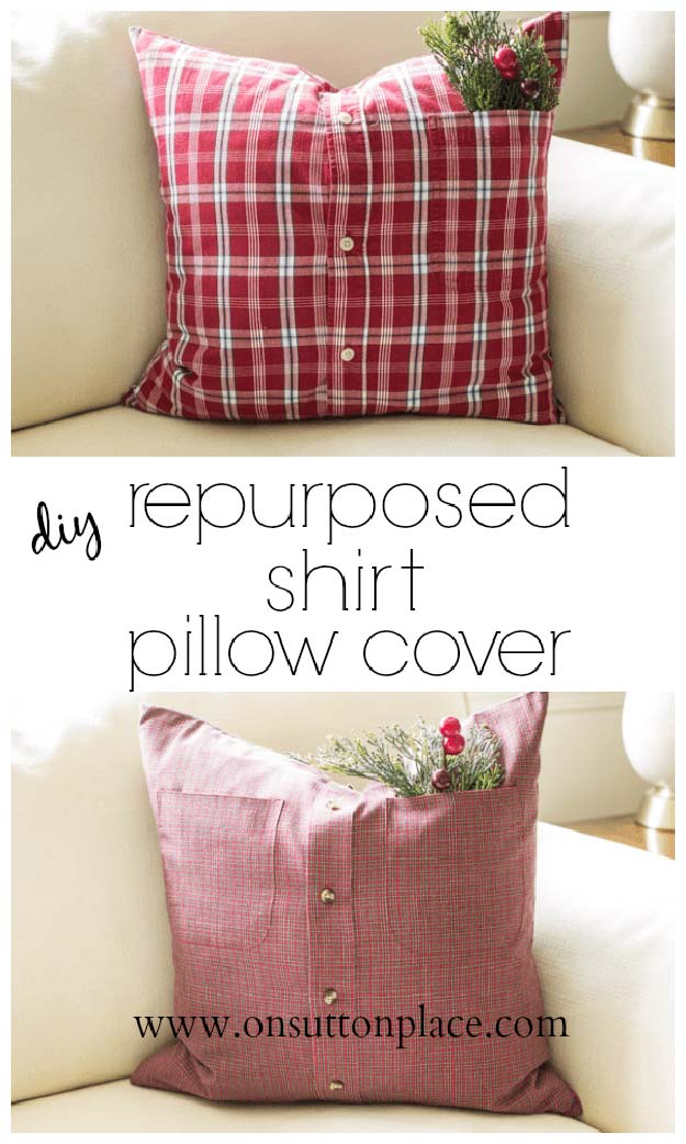 DIY Pillows and Fun Pillow Projects - DIY Repurposed Shirt Pillow Cover - Creative, Decorative Cases and Covers, Throw Pillows, Cute and Easy Tutorials for Making Crafty Home Decor - Sewing Tutorials and No Sew Ideas for Room and Bedroom Decor for Teens, Teenagers and Adults