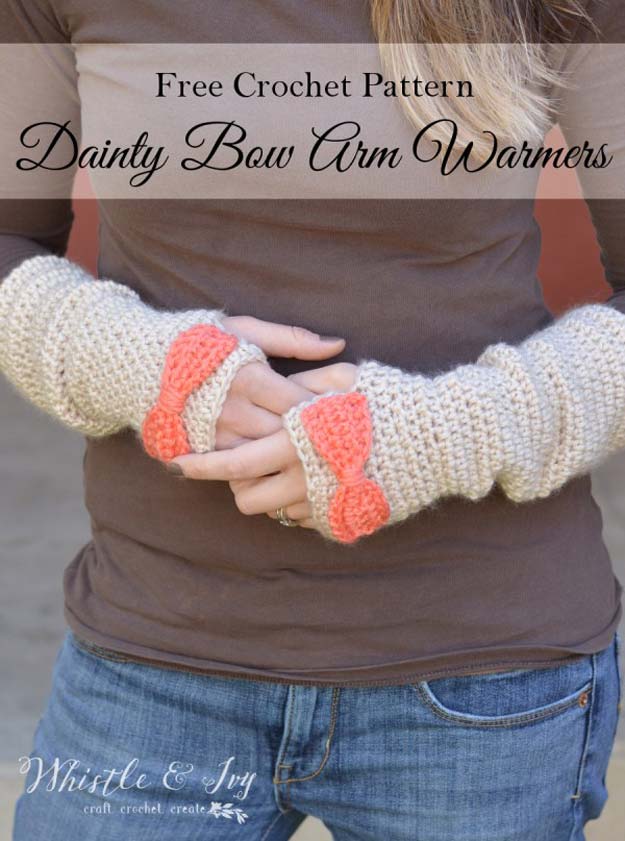 Crochet Patterns and Projects for Teens - Dainty Bow Crochet Arm Warmers - Best Free Patterns and Tutorials for Crocheting Cute DIY Gifts, Room Decor and Accessories - How To for Beginners - Learn How To Make a Headband, Scarf, Hat, Animals and Clothes DIY Projects and Crafts for Teenagers #crochet #crafts #teencrafts #freecrochet #crochetpatterns