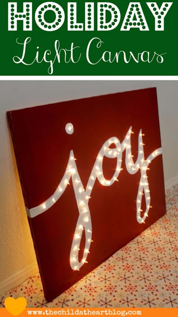 Cool Ways To Use Christmas Lights - Holiday Joy Light Canvas - Best Easy DIY Ideas for String Lights for Room Decoration, Home Decor and Creative DIY Bedroom Lighting - Creative Christmas Light Tutorials with Step by Step Instructions - Creative Crafts and DIY Projects for Teens, Teenagers and Adults #diyideas #stringlights #diydecor #teencrafts