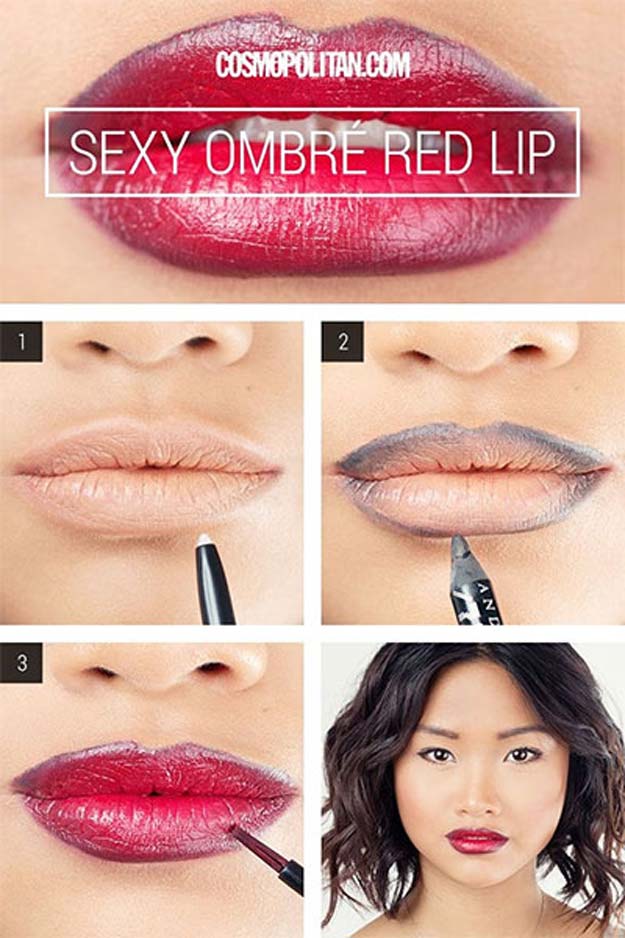 Lipstick Tutorials - Best Step by Step Makeup Tutorial How To - How To Make Full Looking Red Ombre Lips - Easy and Quick Ways to Apply Lipstick and Awesome Beauty Ideas - Cool Ideas for Teen Makeup for School, Party and Special Occasion - Makeup Tutorials for Beginners - Lip Liner Tips and Tricks to Add Volume, DIY Lip Techniques for Fuller Lips - DIY Projects and Crafts for Teens 
