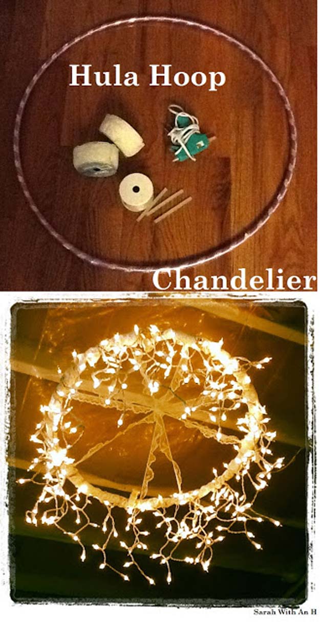 Cool Ways To Use Christmas Lights - Hula Hoop Chandelier - Best Easy DIY Ideas for String Lights for Room Decoration, Home Decor and Creative DIY Bedroom Lighting - Creative Christmas Light Tutorials with Step by Step Instructions - Creative Crafts and DIY Projects for Teens, Teenagers and Adults #diyideas #stringlights #diydecor #teencrafts
