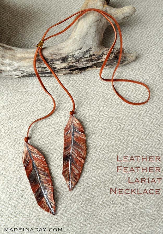 DIY Necklace Ideas - Leather Feather Lariat Necklace - Pendant, Beads, Statement, Choker, Layered Boho, Chain and Simple Looks - Creative Jewlery Making Ideas for Women and Teens, Girls - Crafts and Cool Fashion Ideas for Teenagers 