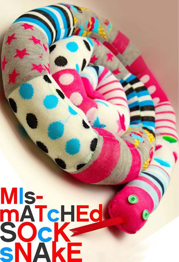 Cool Crafts Made With Old Socks - Mismatched Socks - Sew a Sock Snake - Fun DIY Projects and Gifts You Can Make With A Sock - Easy DIY Ideas for Teens, Teenagers, Kids and Adults - Step by Step Tutorials and Instructions for Making Room Decor, Animals, Cat, Rabbit, Owl, Puppets, Snowman, Gloves 