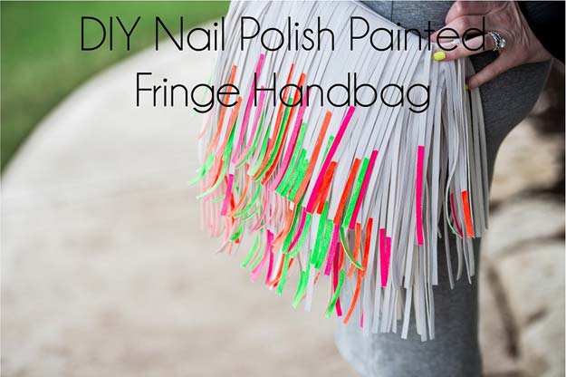 DIY Crafts Using Nail Polish - Nail Polish Painted Fringe Handbag - Fun, Cool, Easy and Cheap Craft Ideas for Girls, Teens, Tweens and Adults | Wire Flowers, Glue Gun Craft Projects and Jewelry Made From nailpolish - Water Marble Tutorials and How To With Step by Step Instructions 