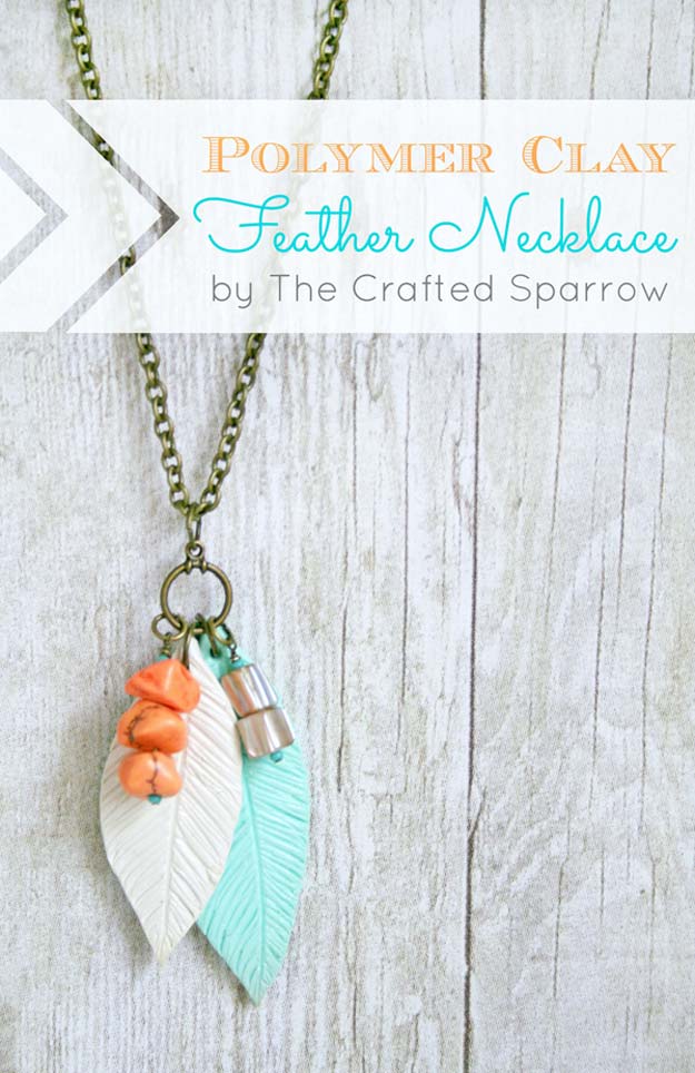 DIY Necklace Ideas - Polymer Clay Feather Necklace - Pendant, Beads, Statement, Choker, Layered Boho, Chain and Simple Looks - Creative Jewlery Making Ideas for Women and Teens, Girls - Crafts and Cool Fashion Ideas for Teenagers 