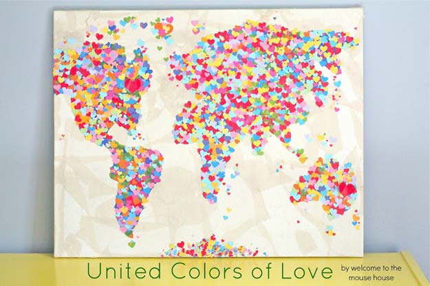 Cool DIY Room Decor Ideas in Red - United Colors of Love World Map - Creative Home Decor, Wall Art and Bedroom Crafts to Accent Your Red Room - Creative Craft Projects and Quick Arts and Crafts Ideas for Teens and Adults - Easy Ways To Decorate on A Budget 