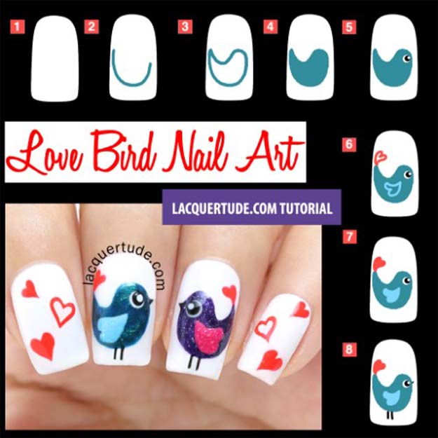 Valentine Nail Art Ideas - Valentine’s Day Love Birds Nail Art - Cute and Cool Looks For Valentines Day Nails - Hearts, Gradients, Red, Black and Pink Designs - Easy Ideas for DIY Manicures with Step by Step Tutorials - Fun Ideas for Teens, Teenagers and Women 