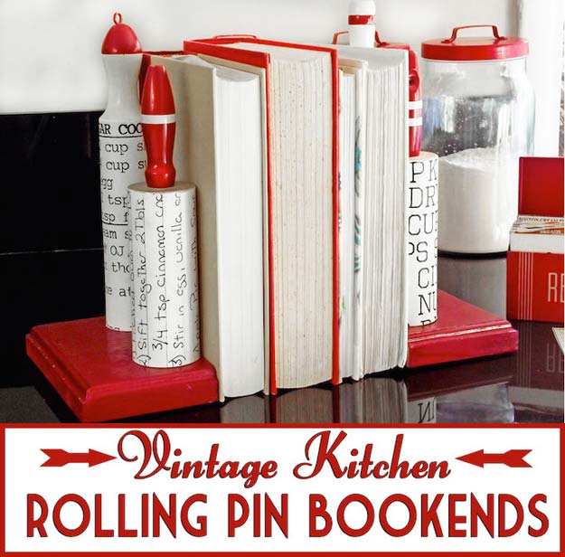 Cool DIY Room Decor Ideas in Red - Vintage Kitchen Rolling Pin Bookends - Creative Home Decor, Wall Art and Bedroom Crafts to Accent Your Red Room - Creative Craft Projects and Quick Arts and Crafts Ideas for Teens and Adults - Easy Ways To Decorate on A Budget 