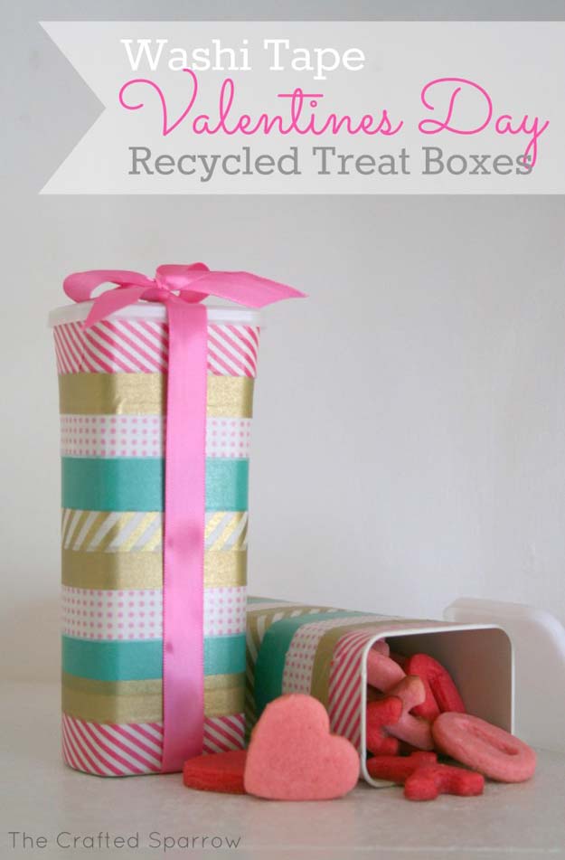 Washi Tape Crafts - Washi Tape Valentine's Day Recycled Treat Box - DIY Projects Made With Washi Tape - Wall Art, Frames, Cards, Pencils, Room Decor and DIY Gifts, Back To School Supplies - Creative, Fun Craft Ideas for Teens, Tweens and Teenagers - Step by Step Tutorials and Instructions 