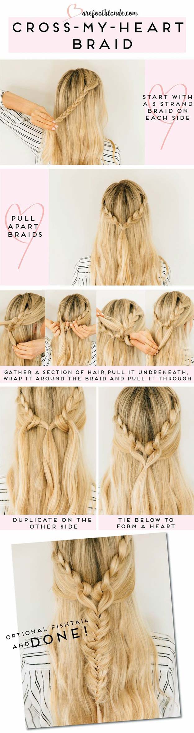 Best Hair Braiding Tutorials - Cross My Heart Braid - Easy Step by Step Tutorials for Braids - How To Braid Fishtail, French Braids, Flower Crown, Side Braids, Cornrows, Updos - Cool Braided Hairstyles for Girls, Teens and Women - School, Day and Evening, Boho, Casual and Formal Looks #hairstyles #braiding #braidingtutorials #diyhair 