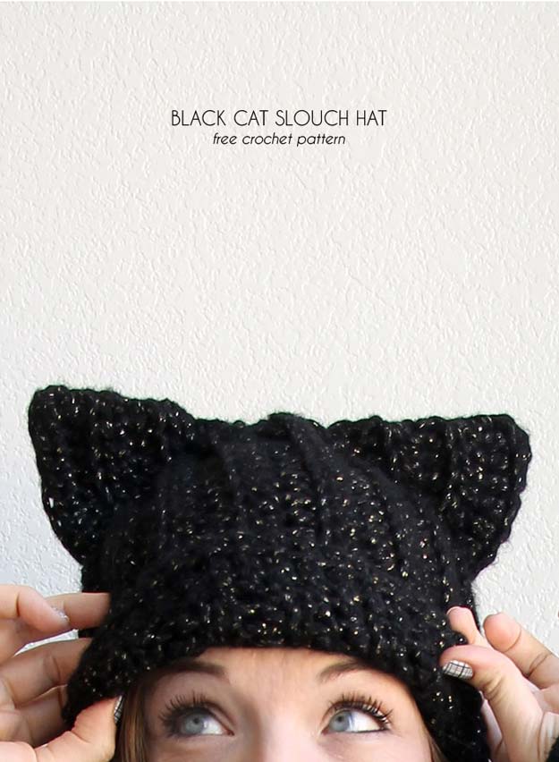 Crochet Patterns and Projects for Teens - Black Cat Slouch Hat - Best Free Patterns and Tutorials for Crocheting Cute DIY Gifts, Room Decor and Accessories - How To for Beginners - Learn How To Make a Headband, Scarf, Hat, Animals and Clothes DIY Projects and Crafts for Teenagers #crochet #crafts #teencrafts #freecrochet #crochetpatterns