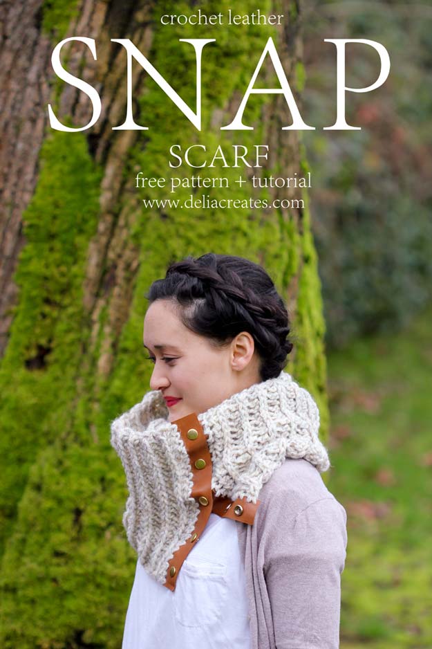 Crochet Patterns and Projects for Teens - Crochet Leather Snap Scarf - Best Free Patterns and Tutorials for Crocheting Cute DIY Gifts, Room Decor and Accessories - How To for Beginners - Learn How To Make a Headband, Scarf, Hat, Animals and Clothes DIY Projects and Crafts for Teenagers #crochet #crafts #teencrafts #freecrochet #crochetpatterns