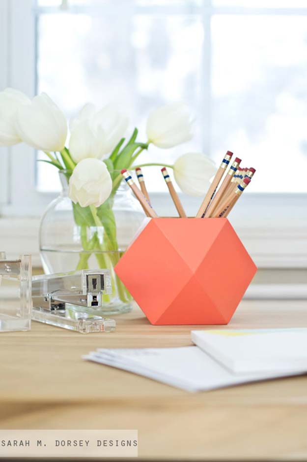 Fun DIY Ideas for Your Desk - DIY: Geometric Pencil Cups - Cubicles, Ideas for Teens and Student - Cheap Dollar Tree Storage and Decor for Offices and Home - Cool DIY Projects and Crafts for Teens 