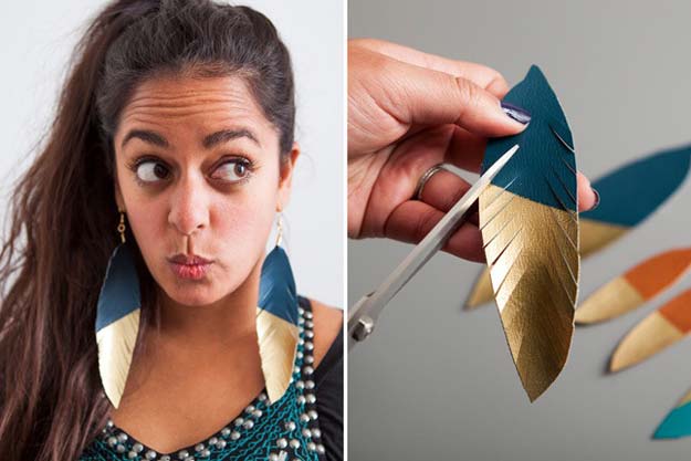 Gold DIY Projects and Crafts - Gold-Dipped Leather Feather Earrings - Easy Room Decor, Wall Art and Accesories in Gold - Spray Paint, Painted Ideas, Creative and Cheap Home Decor - Projects and Crafts for Teens, Apartments, Adults and Teenagers 