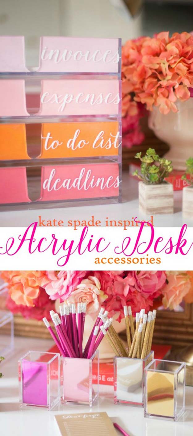 Fun DIY Ideas for Your Desk - DIY Kate Spade Inspired Acrylic Desk Organizer - Cubicles, Ideas for Teens and Student - Cheap Dollar Tree Storage and Decor for Offices and Home - Cool DIY Projects and Crafts for Teens 