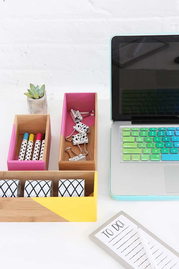 Fun DIY Ideas for Your Desk - Color Block Box Supplies Storage - Cubicles, Ideas for Teens and Student - Cheap Dollar Tree Storage and Decor for Offices and Home - Cool DIY Projects and Crafts for Teens 