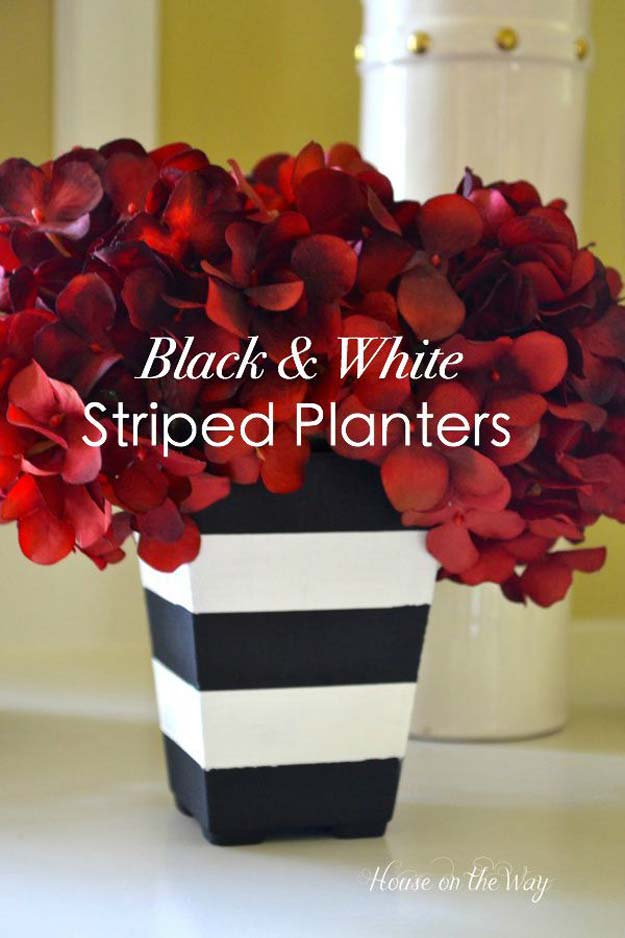 DIY Room Decor Ideas in Black and White - Black and White Stripe Planters - Creative Home Decor and Room Accessories - Cheap and Easy Projects and Crafts for Wall Art, Bedding, Pillows, Rugs and Lighting - Fun Ideas and Projects for Teens, Apartments, Adutls and Teenagers 