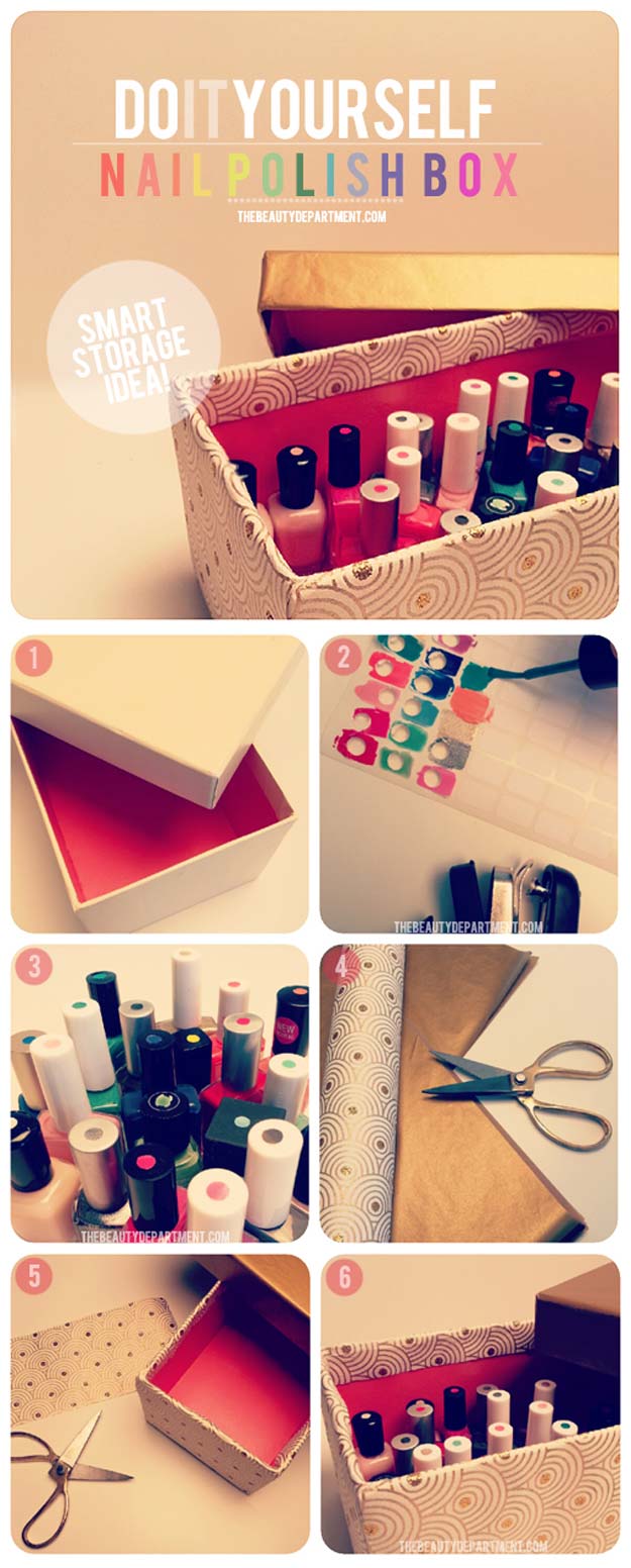 DIY Makeup Organizing Ideas - Nail Polish Storage Idea - Projects for Makeup Drawer, Box, Storage, Jars and Wall Displays - Cheap Dollar Tree Ideas with Cardboard and Shoebox - Wood Organizers, Tray and Travel Carriers 