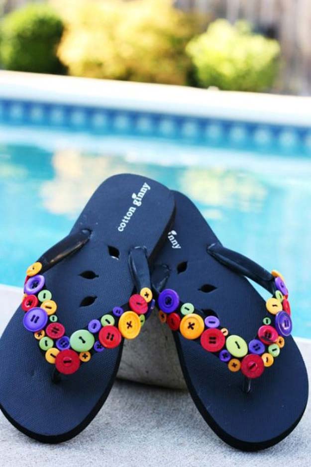DIY Sandals and Flip Flops - Buttoned Down Flip-Flops - Creative, Cool and Easy Ways to Make or Update Your Shoes - Decorate Flip Flops with Cheap Dollar Store Crafts and Ideas - Beaded, Leather, Strappy and Painted Sandal Projects - Fun DIY Projects and Crafts for Teens and Teenagers 
