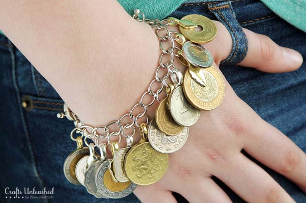 Cool DIYs Made With Pennies and Coins - Repurposed Foreign Coin DIY Charm Bracelet - Penny Walls, Floors, DIY Penny Table. Art With Pennies, Walls and Furniture Make With Money and Coins. Cool, Creative Tutorials, Home Decor and DIY Projects Made With Old Pennies - Cool DIY Projects and Crafts for Teens 