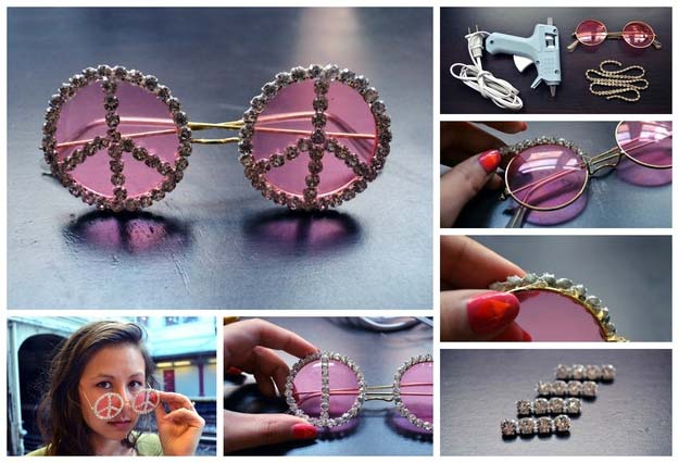 DIY Sunglasses Makeovers - DIY: Rhinestone Peace Sunglasses - Fun Ways to Decorate and Embellish Sunglasses - Embroider, Paint, Add Jewels and Glitter to Your Shades - Cheap and Easy Projects and Crafts for Teens #diy #teencrafts #sunglasses
