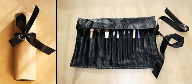 DIY Makeup Organizing Ideas - Faux Leather Make-up Brush Roll - Projects for Makeup Drawer, Box, Storage, Jars and Wall Displays - Cheap Dollar Tree Ideas with Cardboard and Shoebox - Wood Organizers, Tray and Travel Carriers 