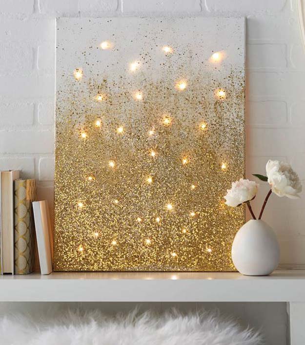 Gold DIY Projects and Crafts - Glitter and Lights Canvas - Easy Room Decor, Wall Art and Accesories in Gold - Spray Paint, Painted Ideas, Creative and Cheap Home Decor - Projects and Crafts for Teens, Apartments, Adults and Teenagers 