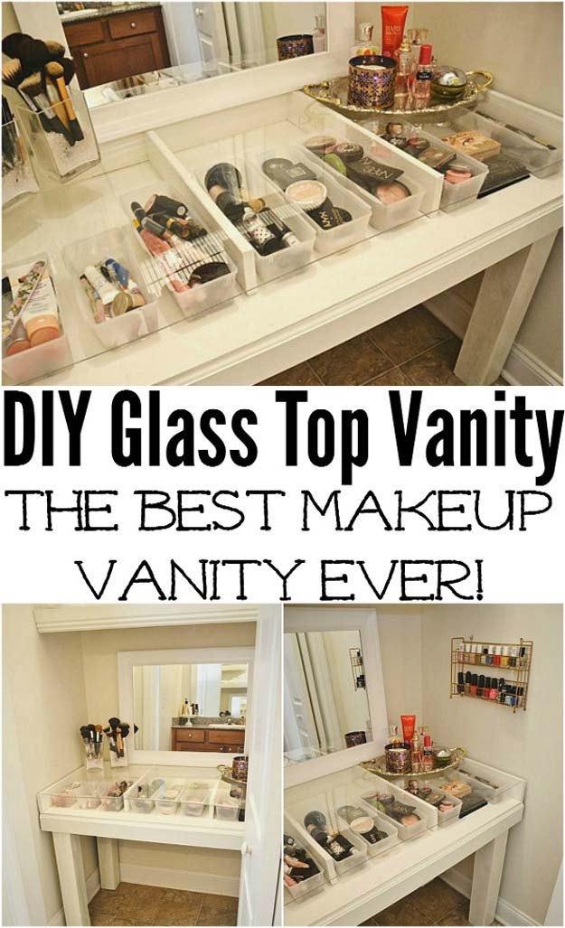DIY Makeup Organizing Ideas - Glass Top Makeup Vanity - Projects for Makeup Drawer, Box, Storage, Jars and Wall Displays - Cheap Dollar Tree Ideas with Cardboard and Shoebox - Wood Organizers, Tray and Travel Carriers 