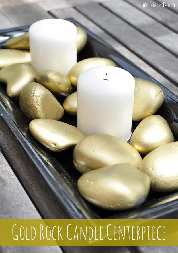 Gold DIY Projects and Crafts - Gold Rock Candle Centerpiece - Easy Room Decor, Wall Art and Accesories in Gold - Spray Paint, Painted Ideas, Creative and Cheap Home Decor - Projects and Crafts for Teens, Apartments, Adults and Teenagers 