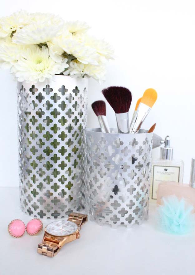 DIY Makeup Organizing Ideas - Aluminum Vase Utensils Holders - Projects for Makeup Drawer, Box, Storage, Jars and Wall Displays - Cheap Dollar Tree Ideas with Cardboard and Shoebox - Wood Organizers, Tray and Travel Carriers 