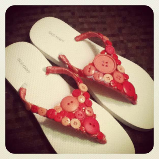 DIY Sandals and Flip Flops - Button Flip-flops - Creative, Cool and Easy Ways to Make or Update Your Shoes - Decorate Flip Flops with Cheap Dollar Store Crafts and Ideas - Beaded, Leather, Strappy and Painted Sandal Projects - Fun DIY Projects and Crafts for Teens and Teenagers 