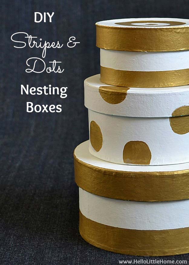Gold DIY Projects and Crafts - DIY Stripes & Dots Nesting Boxes - Easy Room Decor, Wall Art and Accesories in Gold - Spray Paint, Painted Ideas, Creative and Cheap Home Decor - Projects and Crafts for Teens, Apartments, Adults and Teenagers 
