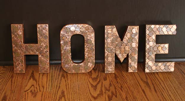 Cool DIYs Made With Pennies and Coins - Penny Letters - Penny Walls, Floors, DIY Penny Table. Art With Pennies, Walls and Furniture Make With Money and Coins. Cool, Creative Tutorials, Home Decor and DIY Projects Made With Old Pennies - Cool DIY Projects and Crafts for Teens 