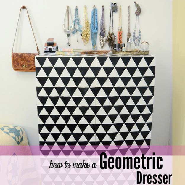 DIY Room Decor Ideas in Black and White - DIY Painted Geometric Dresser - Creative Home Decor and Room Accessories - Cheap and Easy Projects and Crafts for Wall Art, Bedding, Pillows, Rugs and Lighting - Fun Ideas and Projects for Teens, Apartments, Adutls and Teenagers 