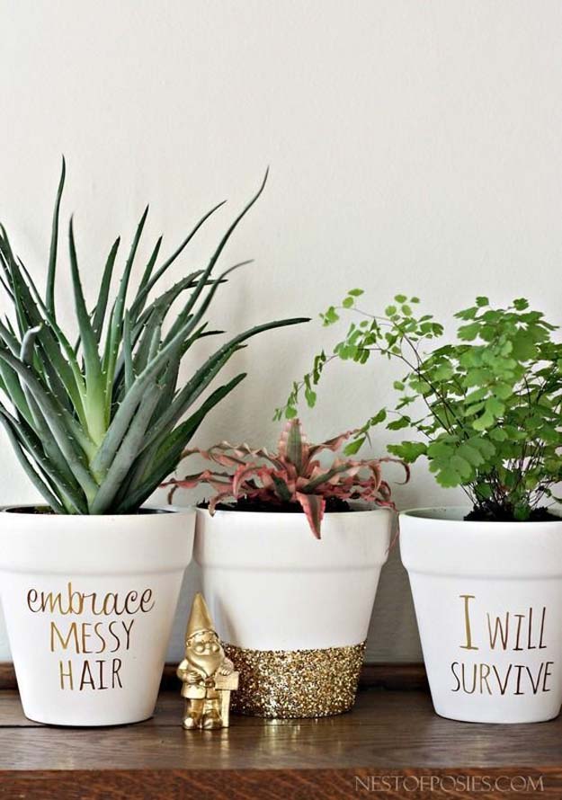 Gold DIY Projects and Crafts - Gold Foil Lettering On Flower Pots - Easy Room Decor, Wall Art and Accesories in Gold - Spray Paint, Painted Ideas, Creative and Cheap Home Decor - Projects and Crafts for Teens, Apartments, Adults and Teenagers 