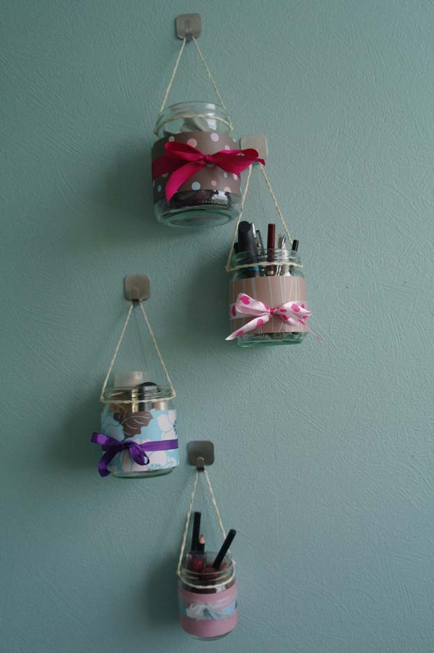 DIY Makeup Organizing Ideas - Makeup Organizer Hanging Jars - Projects for Makeup Drawer, Box, Storage, Jars and Wall Displays - Cheap Dollar Tree Ideas with Cardboard and Shoebox - Wood Organizers, Tray and Travel Carriers