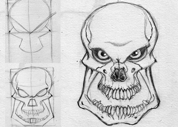 Cool Drawing Tutorials - How To Draw An Evil Skull - Learn How To Draw Animals, Easy People, Step by Step Drawing and Tutorial With Instructions - Creative Arts and Crafts Ideas for Teens - Shapes, Shading, Buildings, School Art Projects, Drawing for Beginners and Teenagers, Kids #drawing #art #drawingtutorials