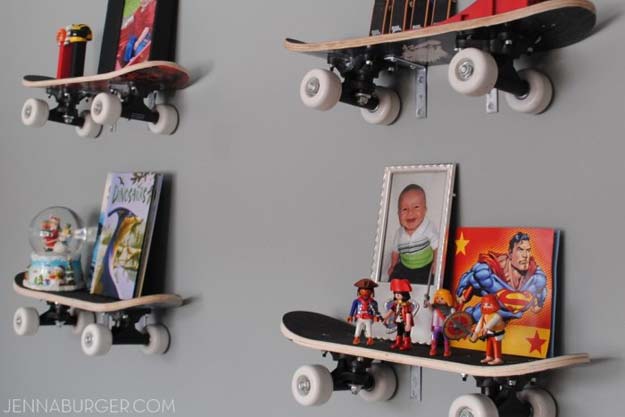 DIY Room Decor Ideas for Boys - - Skateboard Shelves - Teen Bedroom Decor Idea for Boy - Wall Art, Lighting, Lamps, Shelves, Bedding, Curtains and Rugs for Boy Rooms - Easy Step by Step Tutorials and Projects for Decorating Teens and Tweens Rooms 