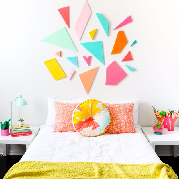 Easy DIY Room Decor Ideas for Teens and Teenagers - Inexpensive Colorful Geometric Headboard for Girls or Boys- Best Cool Crafts, Bedroom Accessories, Lighting, Wall Art, Creative Arts and Crafts Projects, Rugs, Pillows, Curtains, Lamps and Lights - Easy DIY Headboard Ideas for Teen Rooms