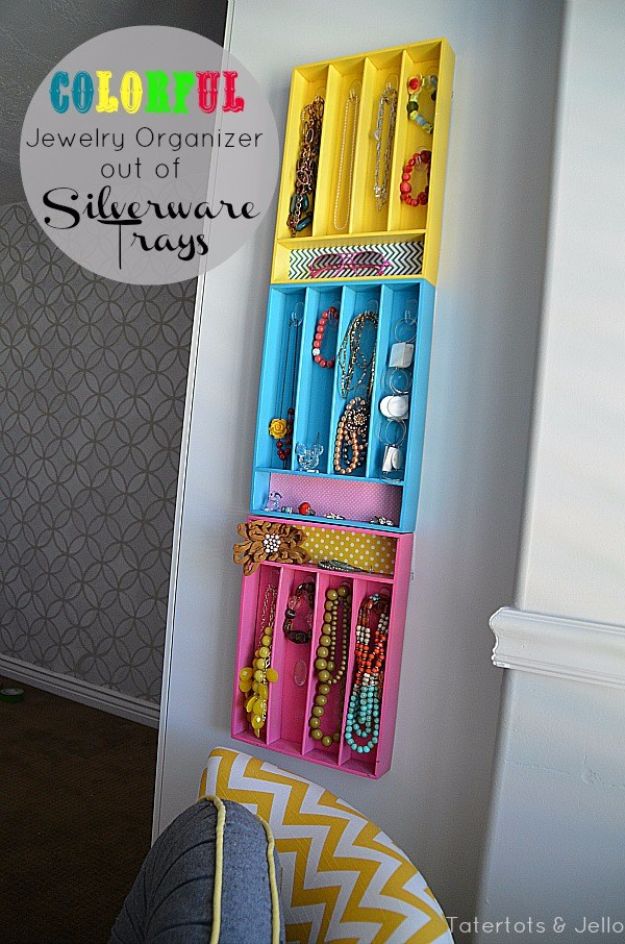 DIY Jewelry Storage - Colorful Jewelry Organizers From Silverware Trays - Do It Yourself Crafts and Projects for Organizing, Storing and Displaying Jewelry - Earrings, Rings, Necklaces - Jewelry Tree, Boxes, Hangers - Cheap and Easy Ways To Organize Jewelry in Bedroom and Bathroom - Dollar Store Crafts and Cheap Ideas for Decorating