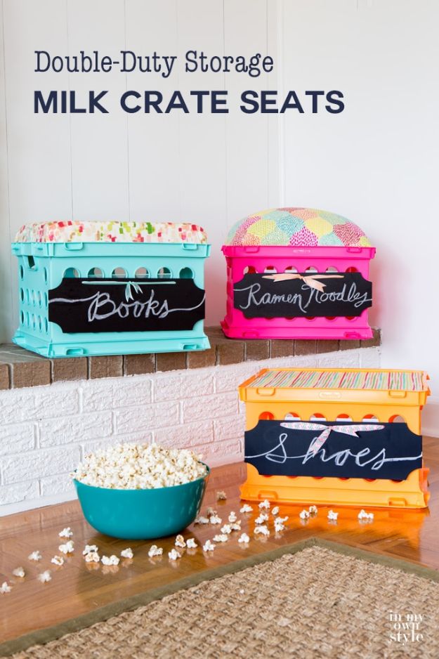 Best DIY Room Decor Ideas for Teens and Teenagers - Double Duty Milk Crate Seats - Best Cool Crafts, Bedroom Accessories, Lighting, Wall Art, Creative Arts and Crafts Projects, Rugs, Pillows, Curtains, Lamps and Lights - Easy and Cheap Do It Yourself Ideas for Teen Bedrooms and Play Rooms #teencrafts #diydecor #roomideas #teenrooms #teendecor #diyideas