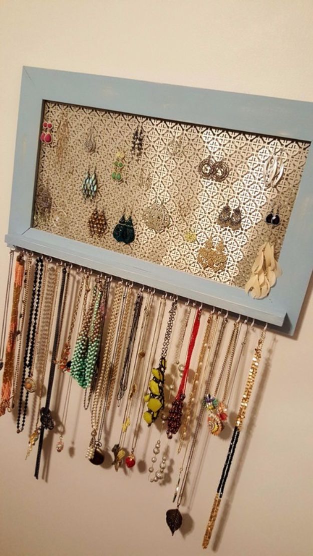 DIY Jewelry Storage - Framed Organizer - Do It Yourself Crafts and Projects for Organizing, Storing and Displaying Jewelry - Earrings, Rings, Necklaces - Jewelry Tree, Boxes, Hangers - Cheap and Easy Ways To Organize Jewelry in Bedroom and Bathroom - Dollar Store Crafts and Cheap Ideas for Decorating 