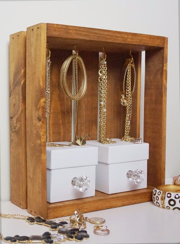 DIY Jewelry Storage - Jewelry Display Crate - Do It Yourself Crafts and Projects for Organizing, Storing and Displaying Jewelry - Earrings, Rings, Necklaces - Jewelry Tree, Boxes, Hangers - Cheap and Easy Ways To Organize Jewelry in Bedroom and Bathroom - Dollar Store Crafts and Cheap Ideas for Decorating 
