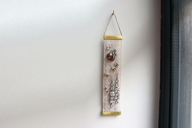 DIY Jewelry Storage - Lace Earring Holder - Do It Yourself Crafts and Projects for Organizing, Storing and Displaying Jewelry - Earrings, Rings, Necklaces - Jewelry Tree, Boxes, Hangers - Cheap and Easy Ways To Organize Jewelry in Bedroom and Bathroom - Dollar Store Crafts and Cheap Ideas for Decorating