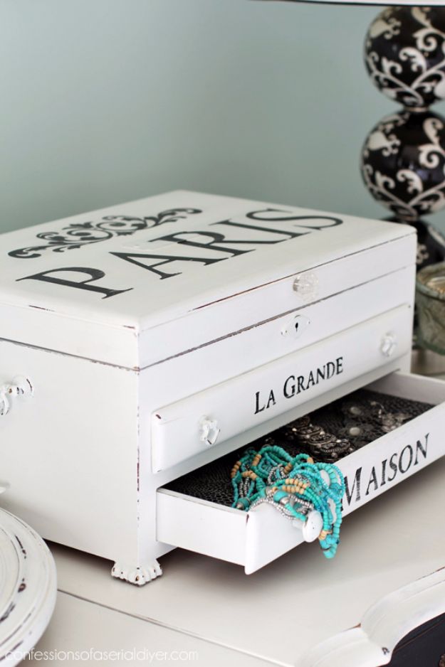 DIY Jewelry Storage - Paris Jewelry Box Makeover - Do It Yourself Crafts and Projects for Organizing, Storing and Displaying Jewelry - Earrings, Rings, Necklaces - Jewelry Tree, Boxes, Hangers - Cheap and Easy Ways To Organize Jewelry in Bedroom and Bathroom - Dollar Store Crafts and Cheap Ideas for Decorating 