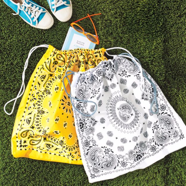 DIY Bags for Summer - Drawstring Bandanna Tote Bags - Easy Ideas to Make for Beach and Pool - Quick Projects for a Bag on A Budget - Cute No Sew Idea, Quick Sewing Patterns - Paint and Crafts for Making Creative Beach Bags - Fun Tutorials for Kids, Teens, Teenagers, Girls and Adults