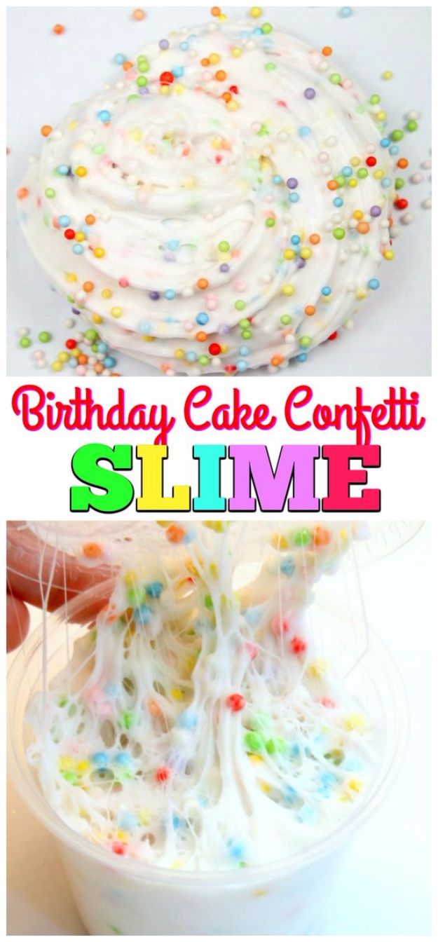 Best DIY Slime Recipes - Birthday Cake Confetti Slime - Cool and Easy Slime Recipe and Tutorials - Ideas Without Glue, Without Borax, For Kids, With Liquid Starch, Cornstarch and Laundry Detergent - How to Make Slime at Home - Fun Crafts and DIY Projects for Teens, Kids, Teenagers and Teens - Galaxy and Glitter Slime, Edible Slime, Rainbow Colored Slime, Shaving Cream recipes and more fun crafts and slimes #slimerecipes #slime #diyslime #teencrafts